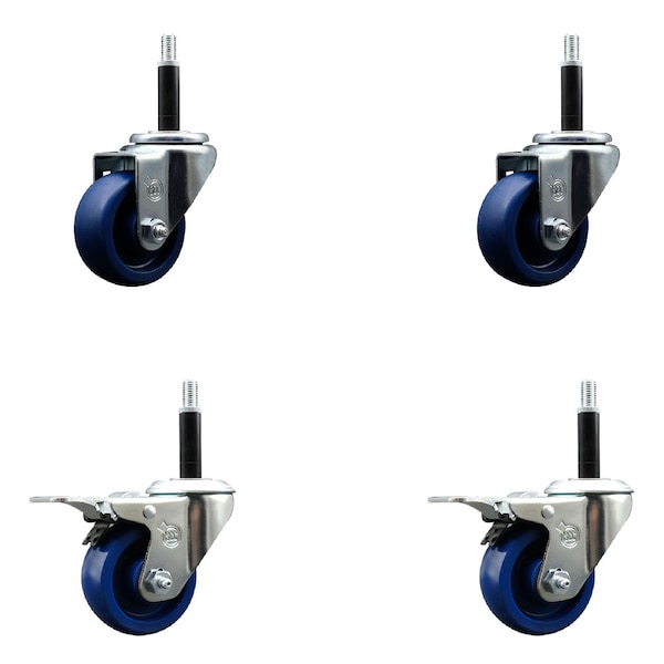 3'' Solid Poly Swivel 3/4'' Expanding Stem Caster Set 2 Total Lock Brakes, 4PK